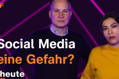 Two people stand against a purple neon grid with bold German text asking if social media is a danger, sozialen medien 9.