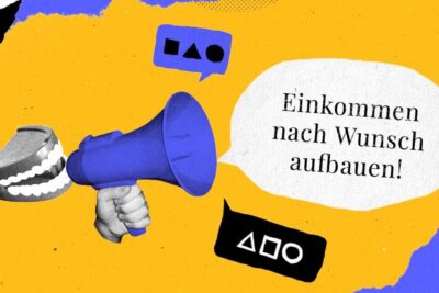 Blue megaphone held by a hand with a denture prop on a torn yellow collage background for soziales netzwerk 2.