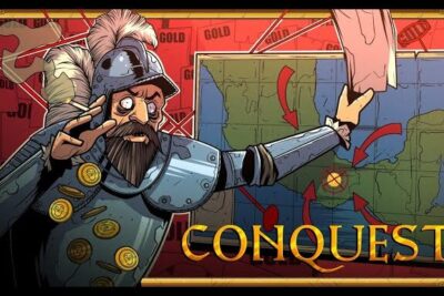Illustration of a conquistador pointing at a strategic map representing the spanish conquest.