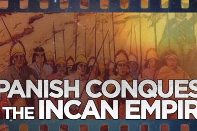 Vintage film-style illustration of Incan warriors and bold headline referencing spanske erobringen.