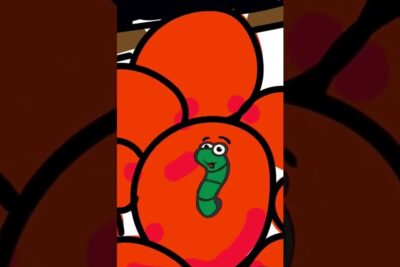 Playful green cartoon worm peeking from bold red-orange flower, spontan generasjon