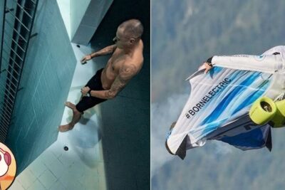 A man standing inside a deep tiled pool beside an image of a powered wingsuit flyer in midair, evoking sport estremi 1
