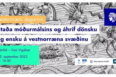 Poster showing a Nordic-themed design about sprogpolitik holdninger, the status of mother tongues and the influence of Danish and English with event date visible