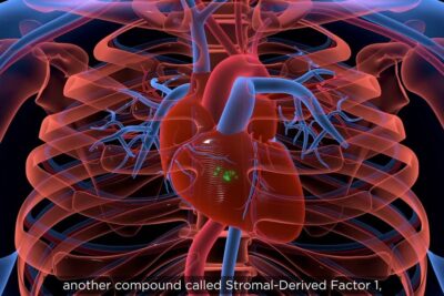 Translucent 3D chest and heart anatomy with green marker clusters indicating stem cells 5.