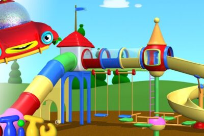Bright playground featuring tube slides, spiral slide, transparent tunnel, swings and a whimsical flying car to stimulera fantasin.