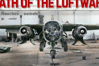 Derelict twin-engine warplane with stripped nose and exposed cockpit in a decaying hangar, stotte forslag