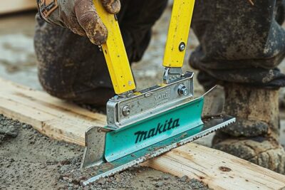Worker using a Makita hand screed to level wet concrete beside a wooden board to styrke fantasien.