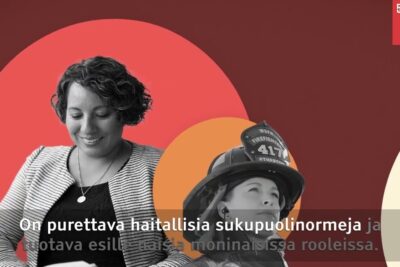 Two women, one wearing a firefighter helmet and one in business attire, against colorful circular backgrounds promoting sukupuolten tasa arvo 1