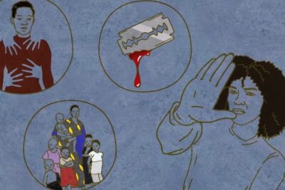 Person signaling stop with vignettes of a razor blade dripping blood, an individual being touched, and a group of children, sukupuolten tasa arvon 1