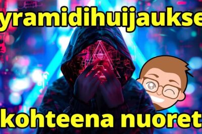 Neon hooded figure and winking cartoon emblem symbolizing ways to suojautua huijauksilta.