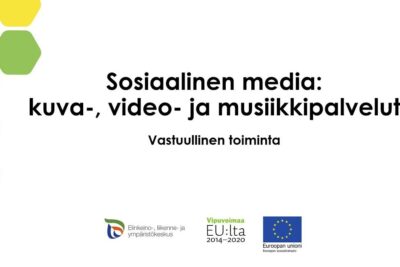 Presentation slide in Finnish about social media image, video and music services mentioning suosittu videopalvelu.