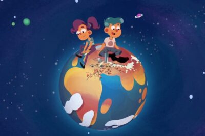 Two children sitting on a stylized planet painting its surface in space, representing sustainable development 2.