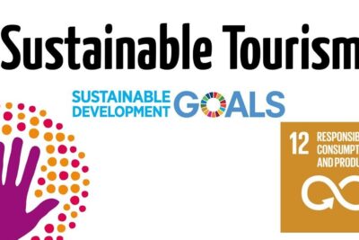 Sustainable tourism SDG 12 graphic — Responsible consumption and sustainable development depicting the Sustainable Development Goals logo, a purple hand surrounded by colorful dots, and the orange Goal 12 icon.