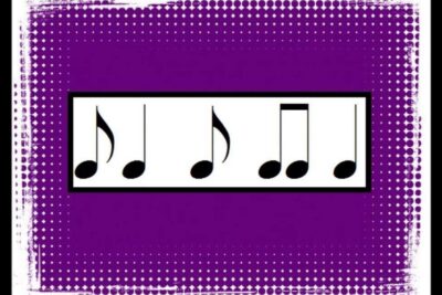 White rectangular panel with black musical note symbols forming a rhythm pattern on a purple halftone background, syn pa 2.