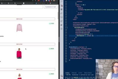 Split-screen view of a product list with add-to-cart buttons and a code editor showing recommendation logic for systeme commerce 1.