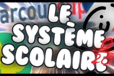 Bold graphic reading 'Le Système Scolaire' on a colorful background with a smiling cartoon face representing a French education overview systeme educatif 1.