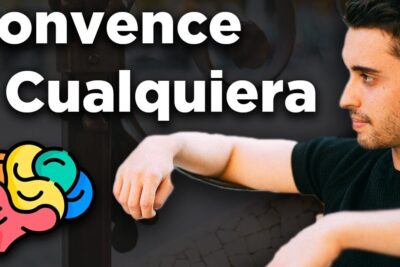 Thoughtful young man seated beside a colorful brain icon and bold headline about tacticas persuasivas.