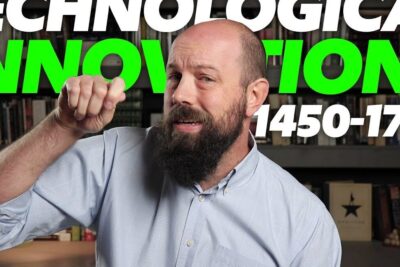 Bearded presenter gesturing in front of bookshelves with bold text about technological innovations 1 from 1450-1750.
