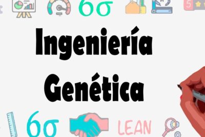 Illustration of the phrase 'Ingeniería Genética' with a hand sketching and surrounding icons representing tecnologia genetica.