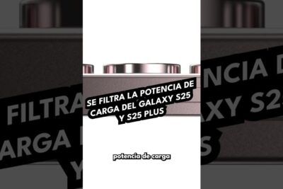 Close-up of a smartphone camera module with a Spanish-language banner about a Galaxy S25 charging leak, tecnologia mejorado 1.
