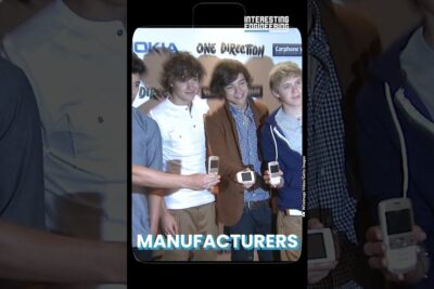 Group of young presenters holding vintage mobile handsets highlighting teknologiske innovationer.