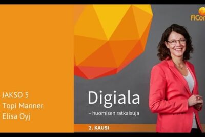Promotional Digiala slide with a smiling presenter in a coral blazer, orange polygon logo and gray backdrop highlighting teknologisten innovaatioiden 1.