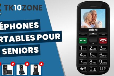 Black senior-friendly handset with oversized numeric keys, green and red call buttons and a small color screen showing an elderly couple, telephones portables