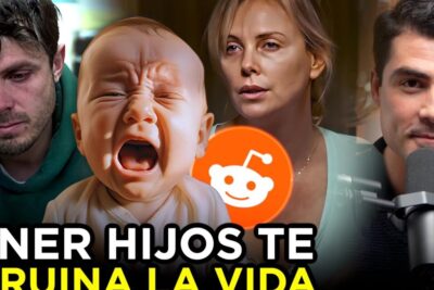 Crying baby between two concerned adults and a podcast mic illustrating conversation about tener hijos 1.