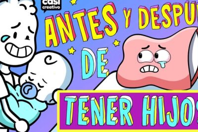 Colorful cartoon of a smiling parent holding a sleeping baby and a tearful pillow with bold 'ANTES Y DESPUES DE TENER HIJOS' lettering, showing tener hijos 2