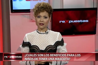 Television anchor presenting a story about the benefits of tener mascota for children