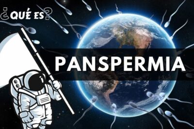 Earth with sperm-shaped particles and an astronaut planting a flag visually representing teoria panspermia.