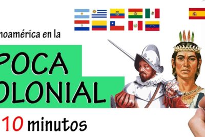 Colorful thumbnail showing a conquistador, indigenous leader, flags and map representing territorios colonizados 1