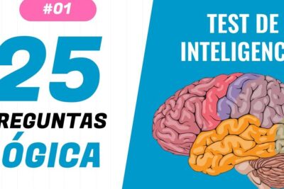 Colorful illustrated brain next to bold text promoting 25 logic questions for test inteligencia 1.