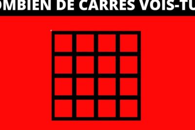 Black 5x5 square grid on a vivid red background with a French headline prompting a visual puzzle for tests qi.