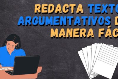 Illustration of a person writing at a laptop with a chalkboard headline promoting texto argumentativo 5 and a stack of papers