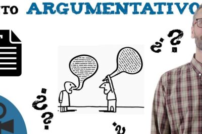 Two cartoon figures debating with speech bubbles, icons and a presenter illustrating texto argumentativo 6.