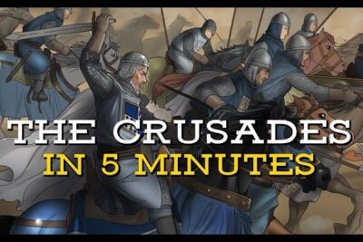 Mounted medieval knights charging into combat in an illustration representing the crusades.