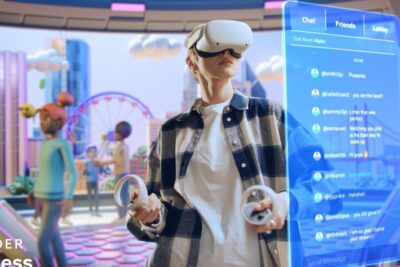 Person wearing a VR headset and motion controllers interacting with a social interface in the metaverse