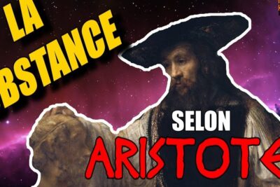 Painted bearded figure cutout against a purple starry background with bold yellow 'LA SUBSTANCE' and red 'ARISTOTE' text, designed for theorie chimiosynthetique topics.