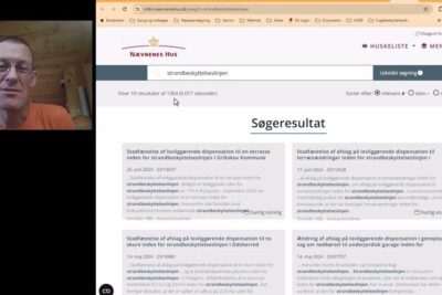 Screenshot of a Nævnenes Hus search results page alongside a video call thumbnail of a man wearing a headset, showing entries for tidligere afgorelser 1.