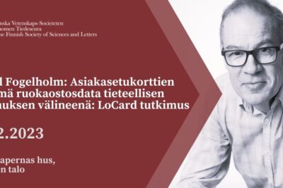 Promotional poster with a presenter portrait and LoCard study text about customer loyalty card shopping data for tieteellisen tutkimuksen 1