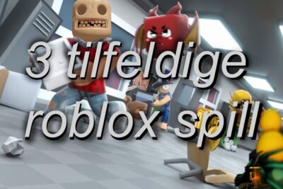Roblox avatars in a chaotic 3D scene with bold text promoting tilfeldige spill