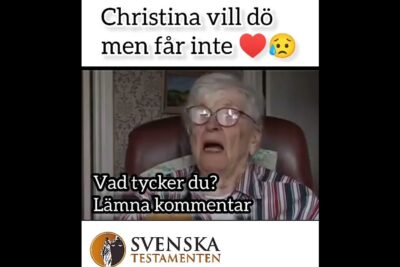 Elderly woman in glasses reacting to a Swedish headline about wanting to die, tillata dodshjalp