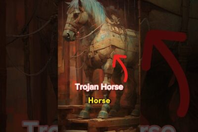 Armored wooden Trojan horse sculpture on a platform with red directional arrows and overlaid labels, torojen taistelut 1.