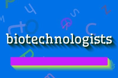 Bold typographic banner reading biotechnologists on a blue background with layered colorful bars and the keyword transgeeniset laakkeet for SEO
