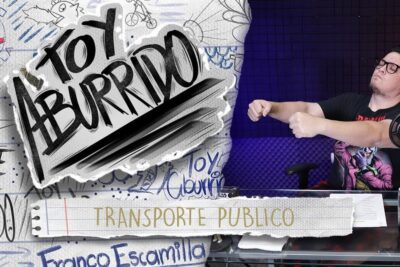 Content creator miming driving in a studio thumbnail with torn paper label transporte publico 1