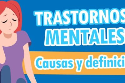 Cartoon woman holding her head beside bold Spanish headline about trastornos psicologicos, causes and definition.