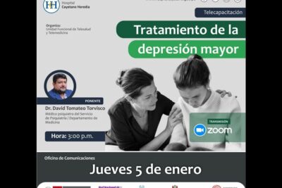 Promotional poster with clinician supporting a person and text about tratamiento depresion 1 teletraining on major depression