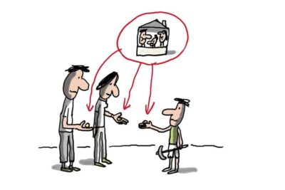 Hand-drawn cartoon of a child holding a tool receiving coins from two adults beneath a thought bubble of a family and home, illustrating travail enfants.
