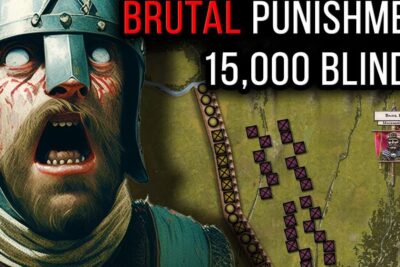 A blood-smeared medieval helmeted warrior with blinded eyes beside a tactical battle map illustrating tsarens regjeringstid